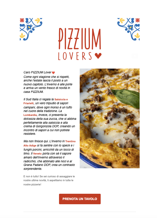 Esempio di newsletter da Pizzium Lovers