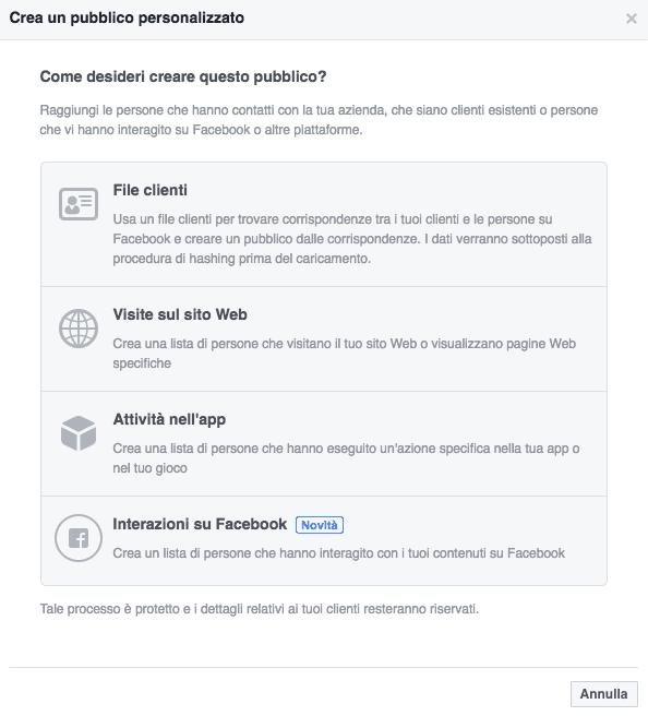 Creare Facebook Custom Audience