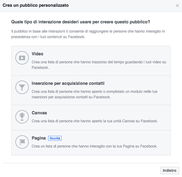 Creare un elenco di remarketing basato sull'interazione sulla pagina Facebook