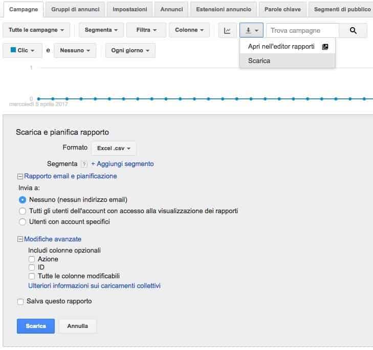 Scaricare un rapporto in Google AdWords