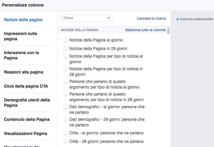 Personalizzare le colonne dell'esportazione degli Insights