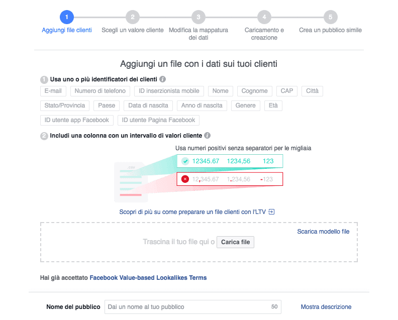 Aggiungere valori a un file di pubblico in Facebook Ads