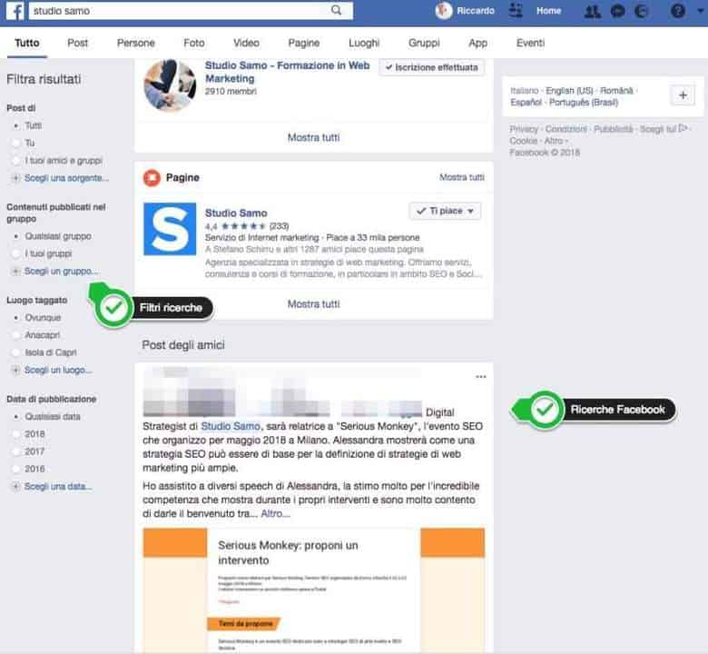 Ricerca interna del social Facebook