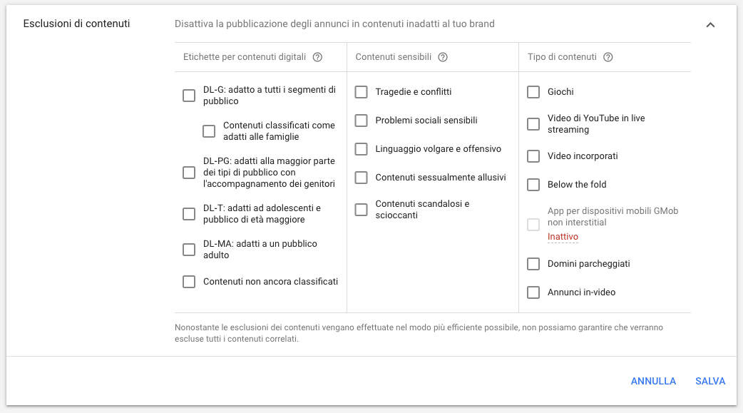 Esclusione di contenuti dalle campagne in rete display