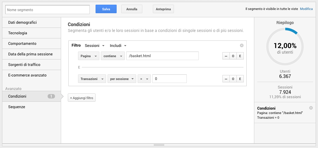 Segmenti di pubblico in Google Analytics - Carrello abbandonato