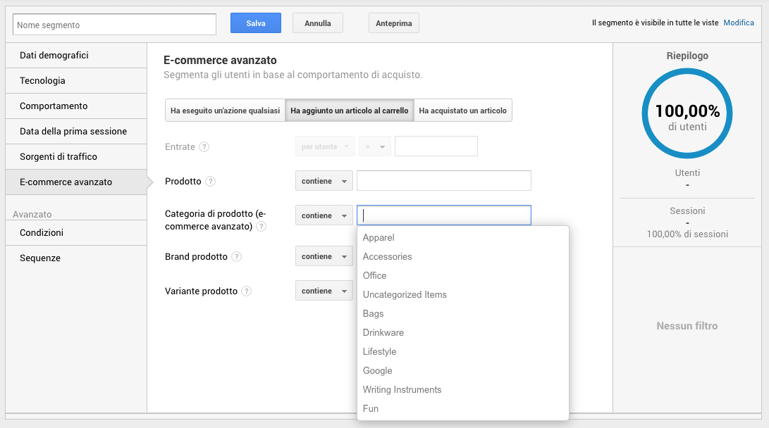 Segmenti di pubblico in Google Analytics - Categoria di prodotto