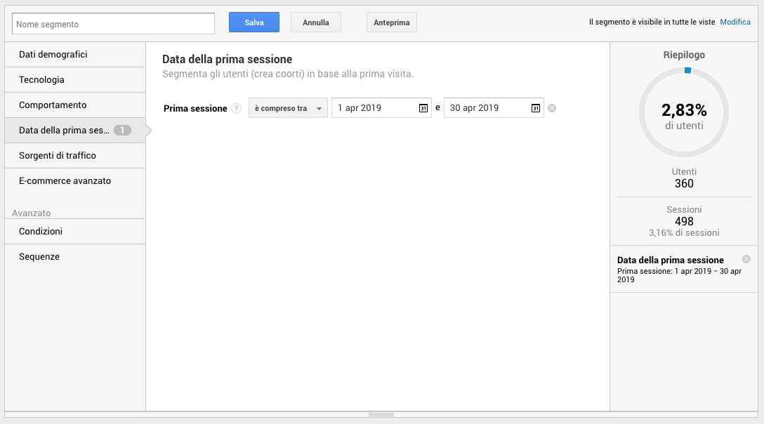 Segmenti di pubblico in Google Analytics - Data della prima sessione
