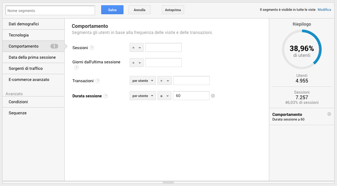 Segmenti di pubblico in Google Analytics - Durata della sessione