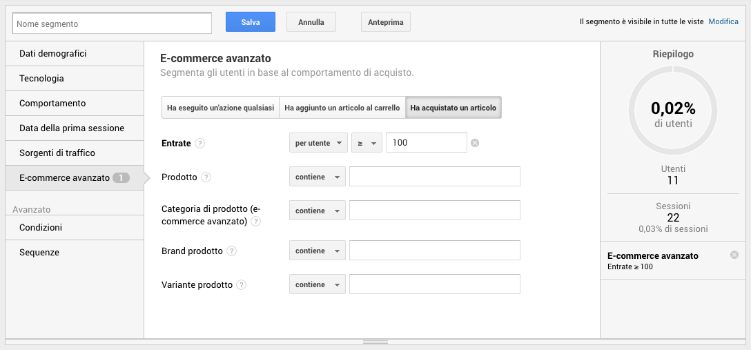 Segmenti di pubblico in Google Analytics - Entrate