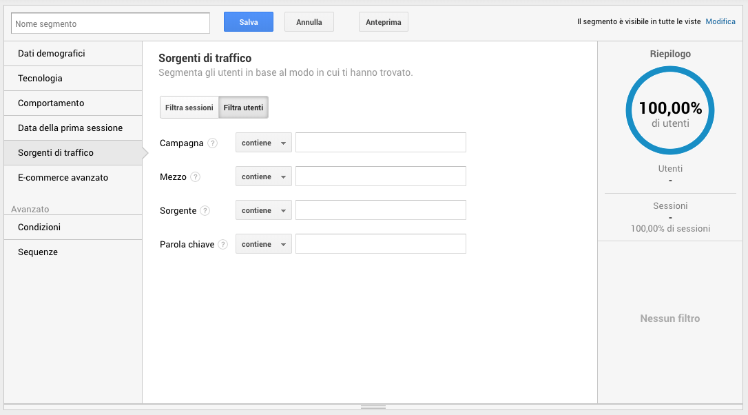 Segmenti di pubblico in Google Analytics - Sorgenti di traffico