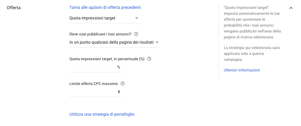 Strategia di offerta quota impressioni target