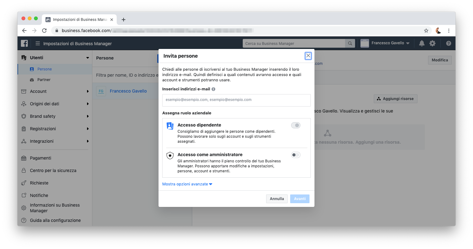 Aggiungere persone in Facebook Business Manager