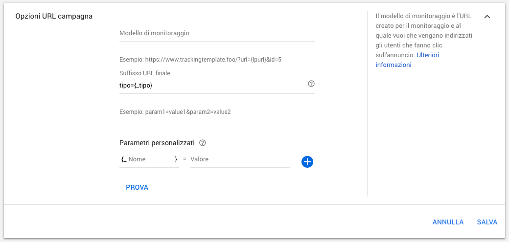 Opzioni URL a livello di campagna in Google Ads