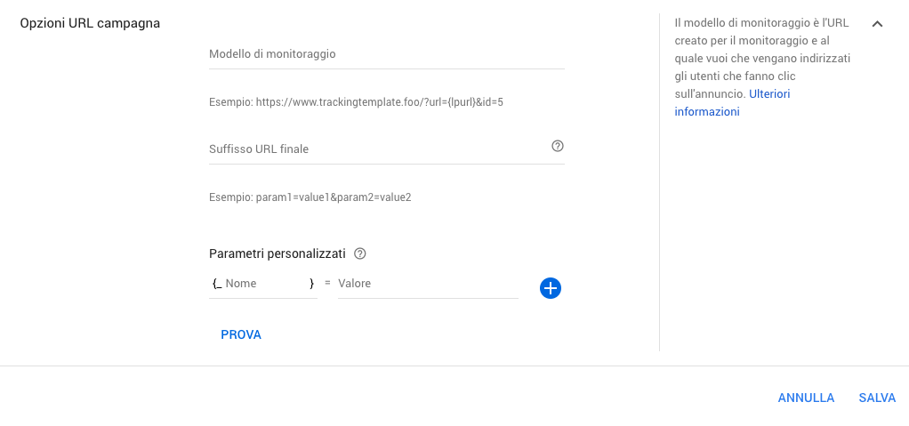 Opzioni URL in Google Ads