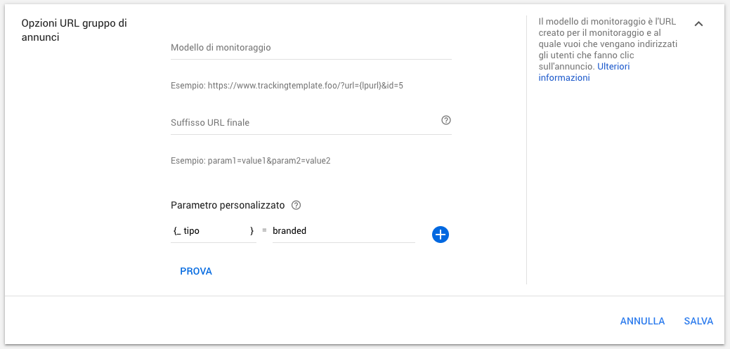 Opzioni URL a livello di gruppo di annunci in Google Ads