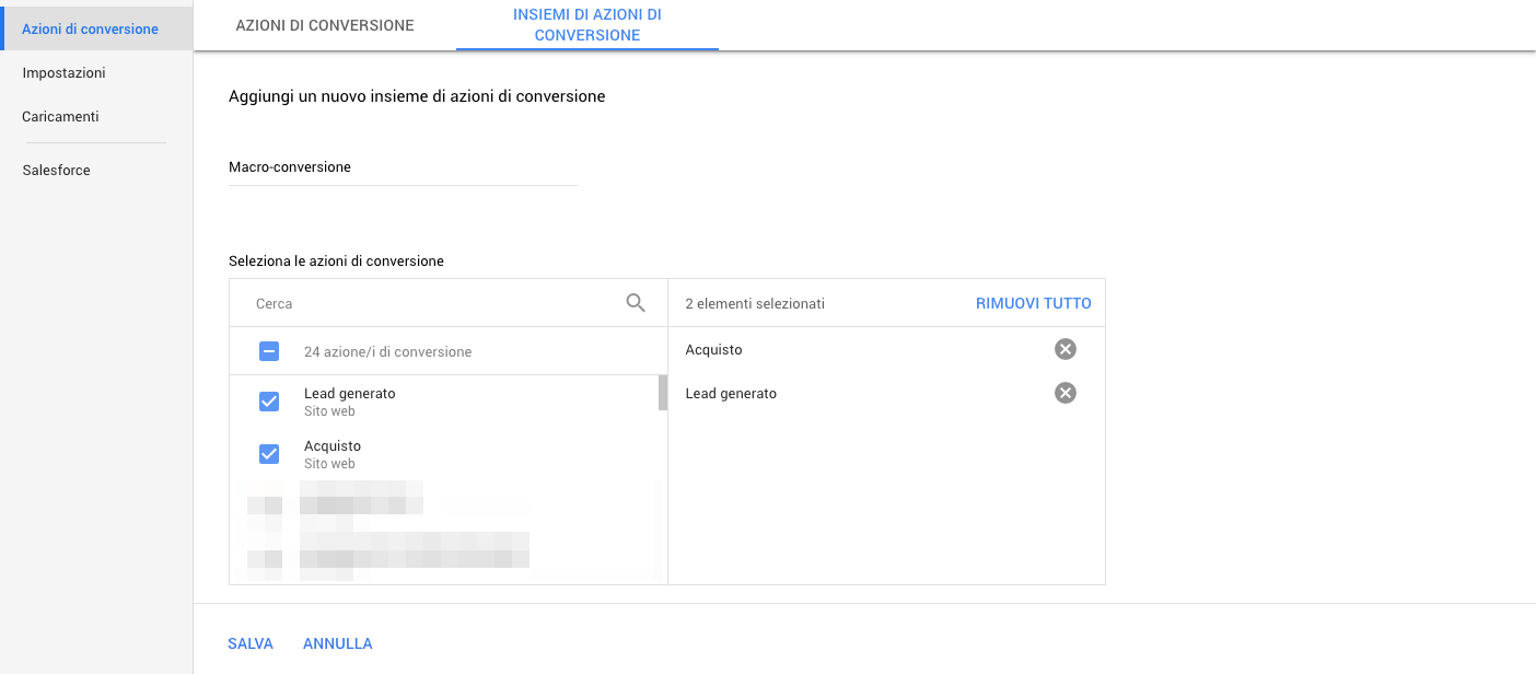 Creazione di un insieme di azioni di conversione in Google Ads