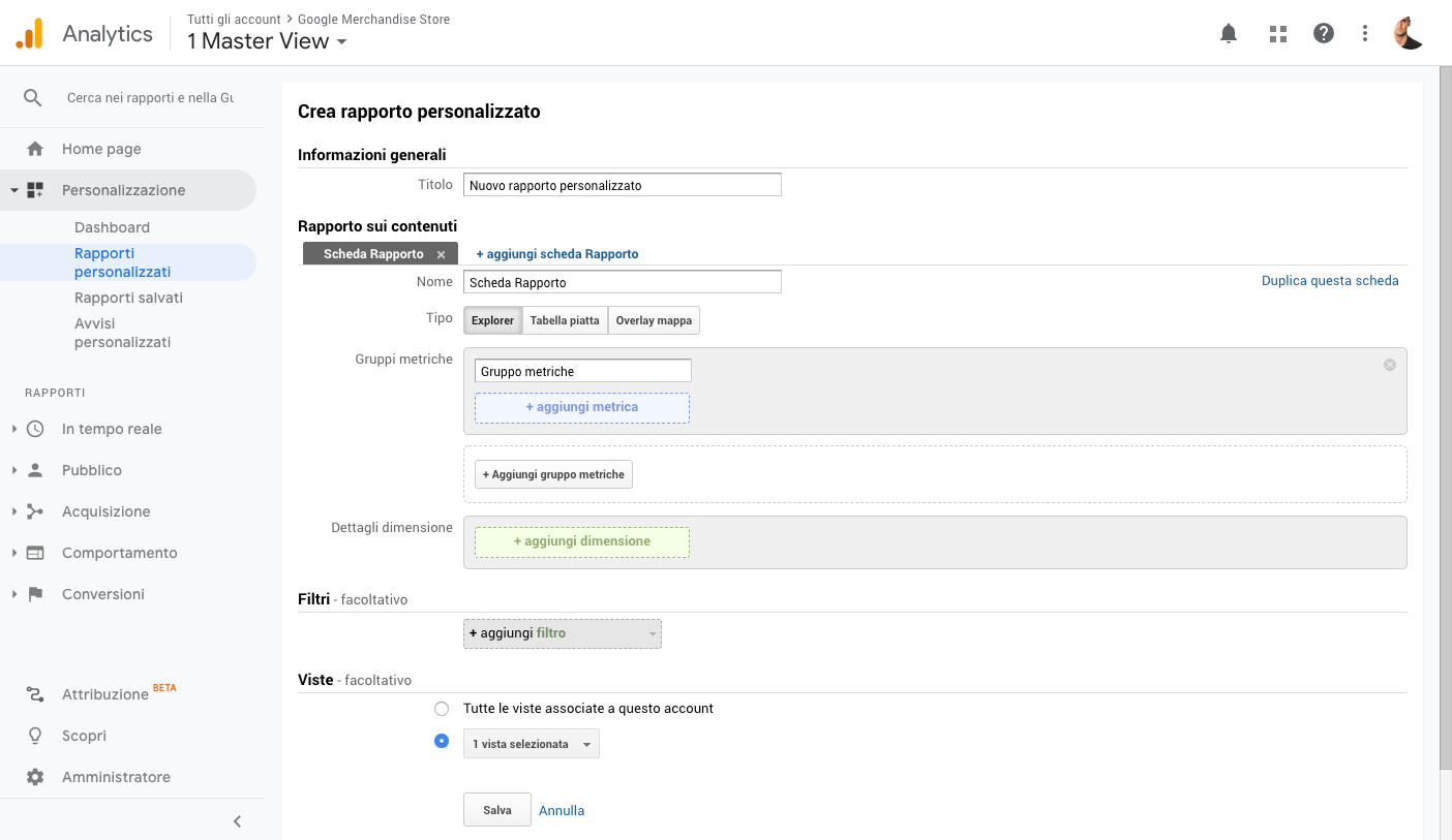 Rapporti personalizzati in Google Analytics