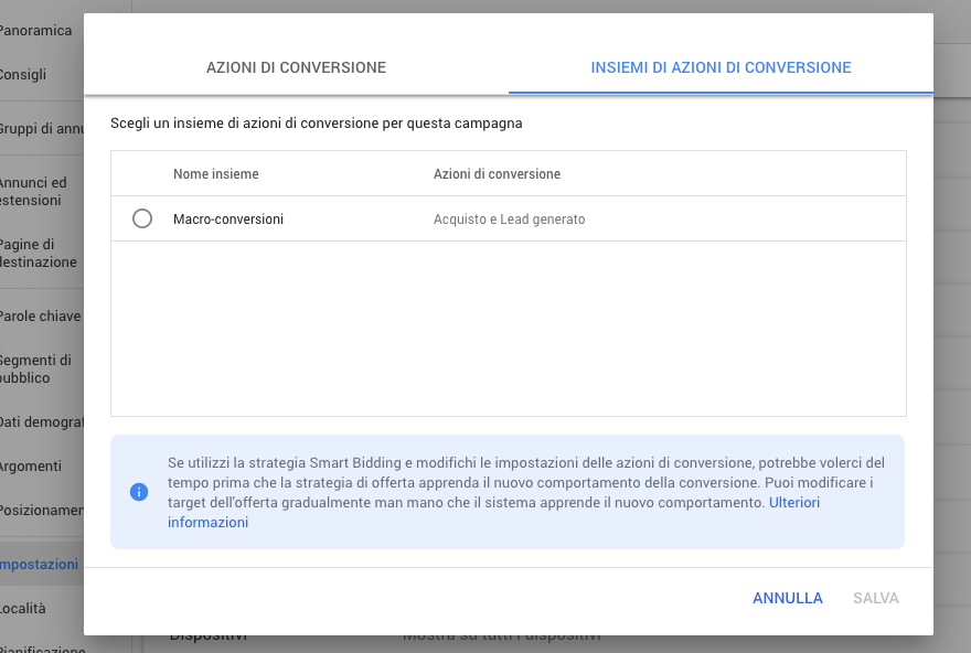 Scelta di un insieme di azioni di conversione in Google Ads