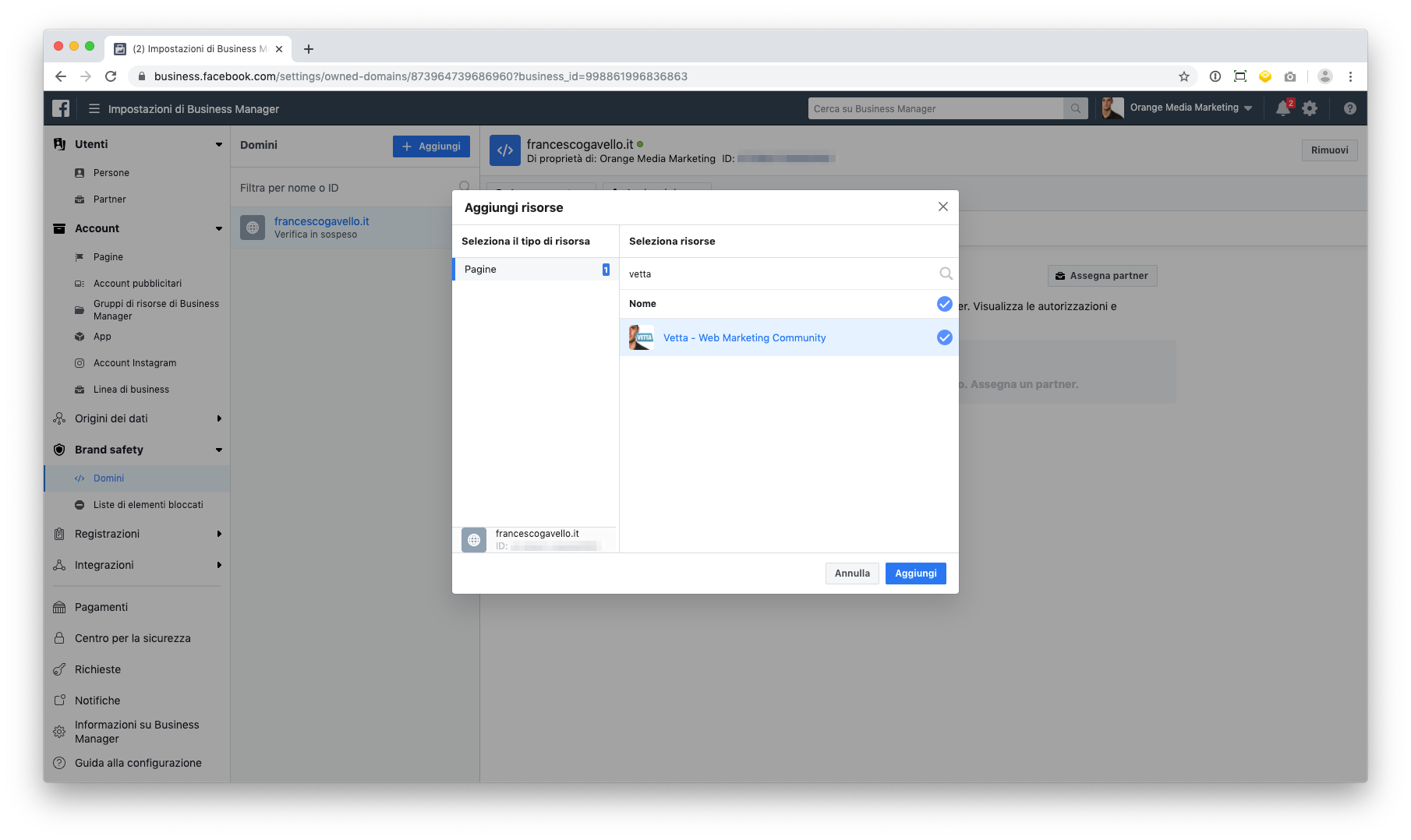 Assegnare un dominio a una pagina in Facebook Business Manager