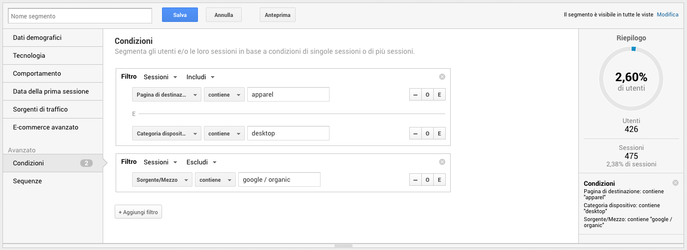 Segmenti avanzati in Google Analytics basati su condizioni