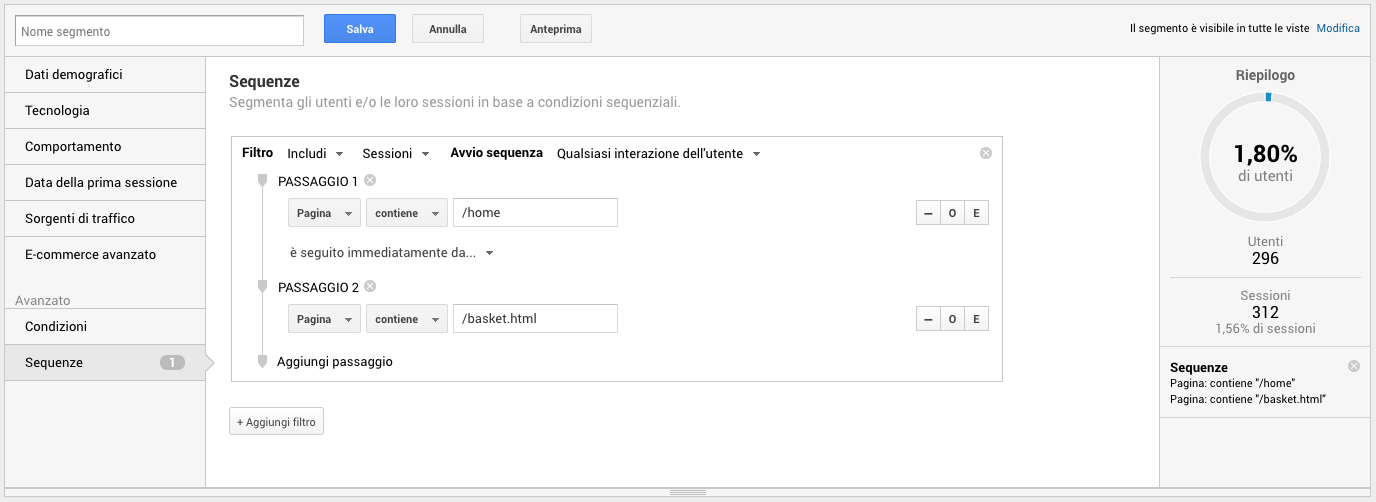 Segmenti avanzati in Google Analytics basati su sequenze