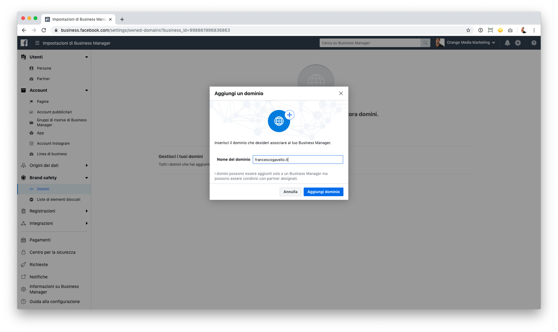 Verifica di un dominio in Facebook Business Manager