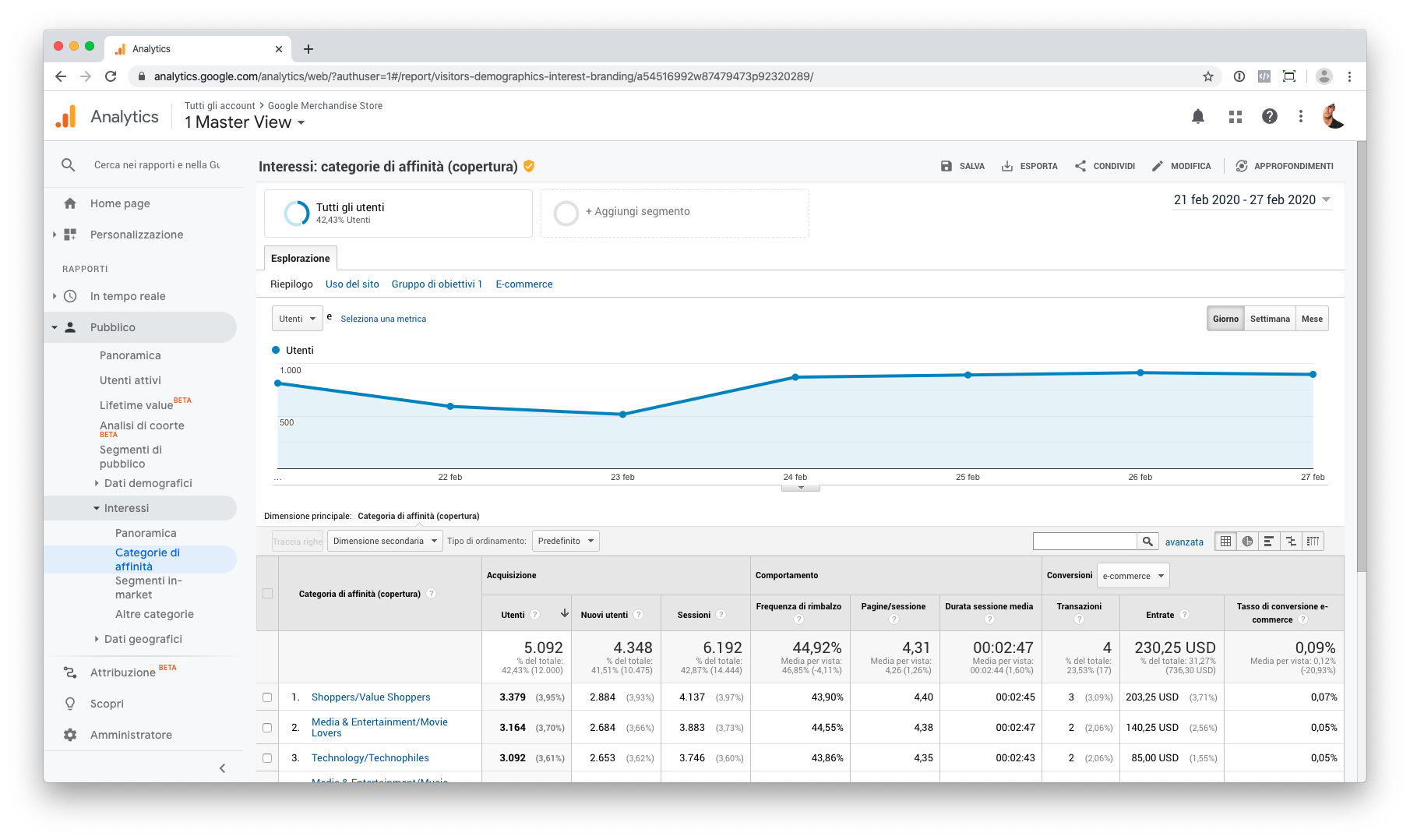 Google Analytics: categorie di affinità