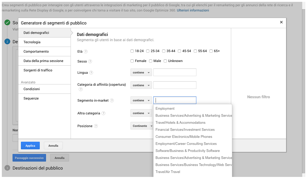 Condivisione di segmenti di pubblico per interessi da Google Analytics a Google Ads