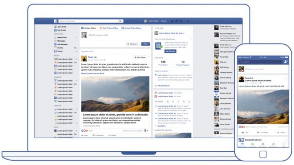 Il news feed di Facebook su desktop (parte centrale) e su mobile