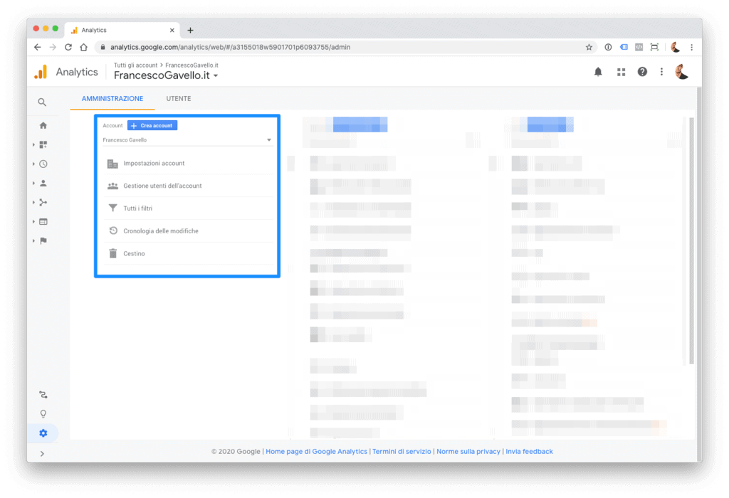 Gestione dell'account in Google Analytics.