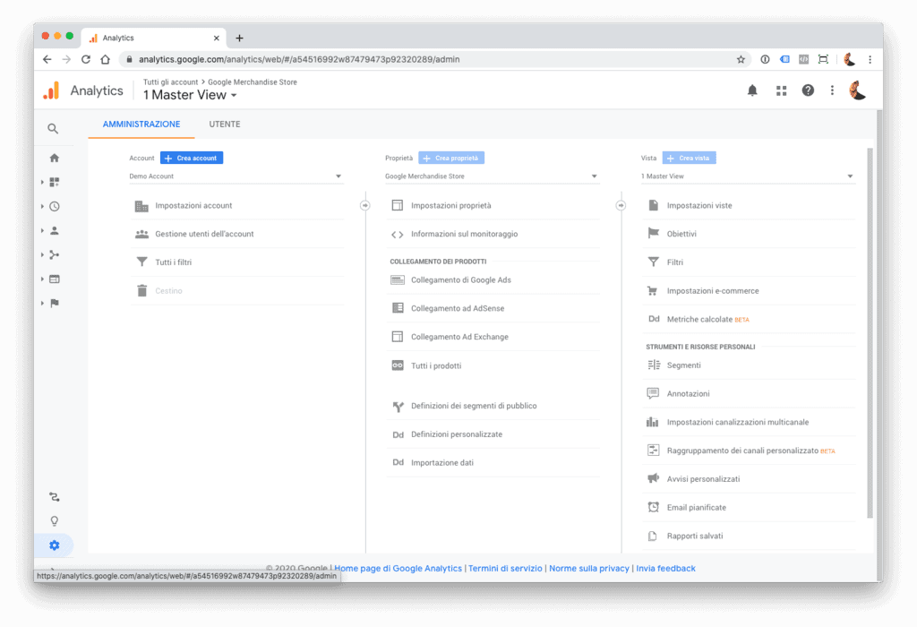 Account, proprietà e viste in Google Analytics.