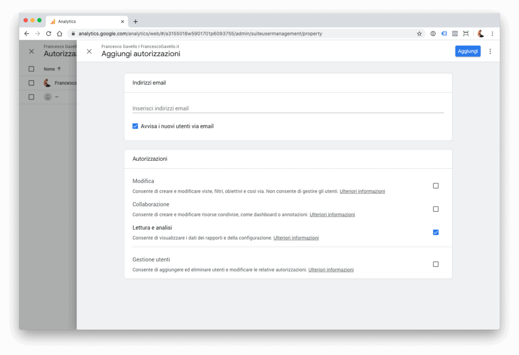 Gestione dei ruoli per account, proprietà e viste in Google Analytics.
