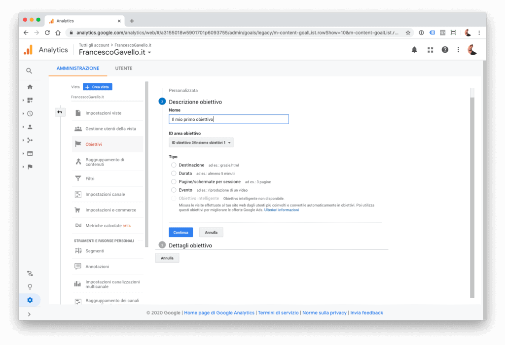 Obiettivi di conversione in Google Analytics.