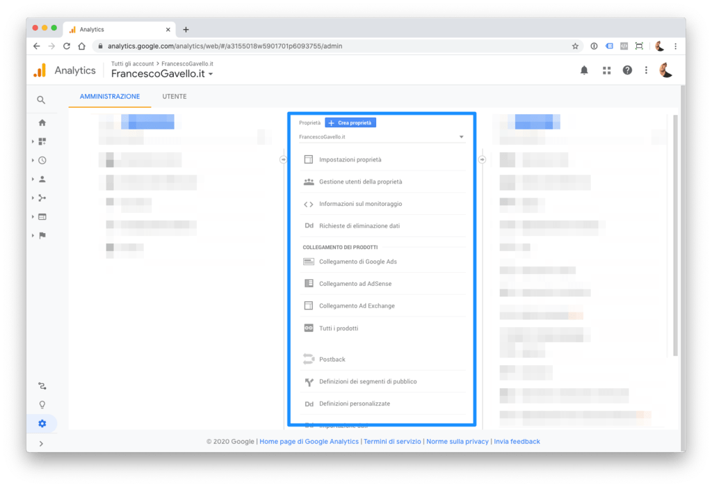 Gestione della proprietà in Google Analytics.