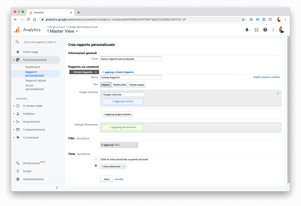 Creare un rapporto su misura in Google Analytics.