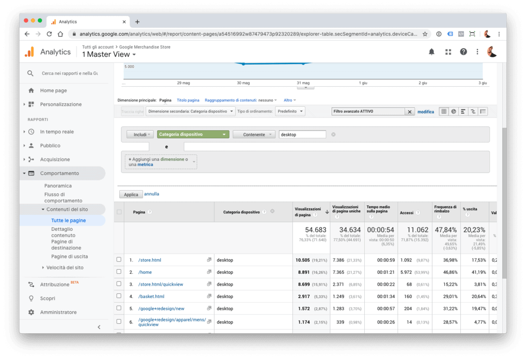 Ricerca base e avanzata nella tabella di un rapporto in Google Analytics.