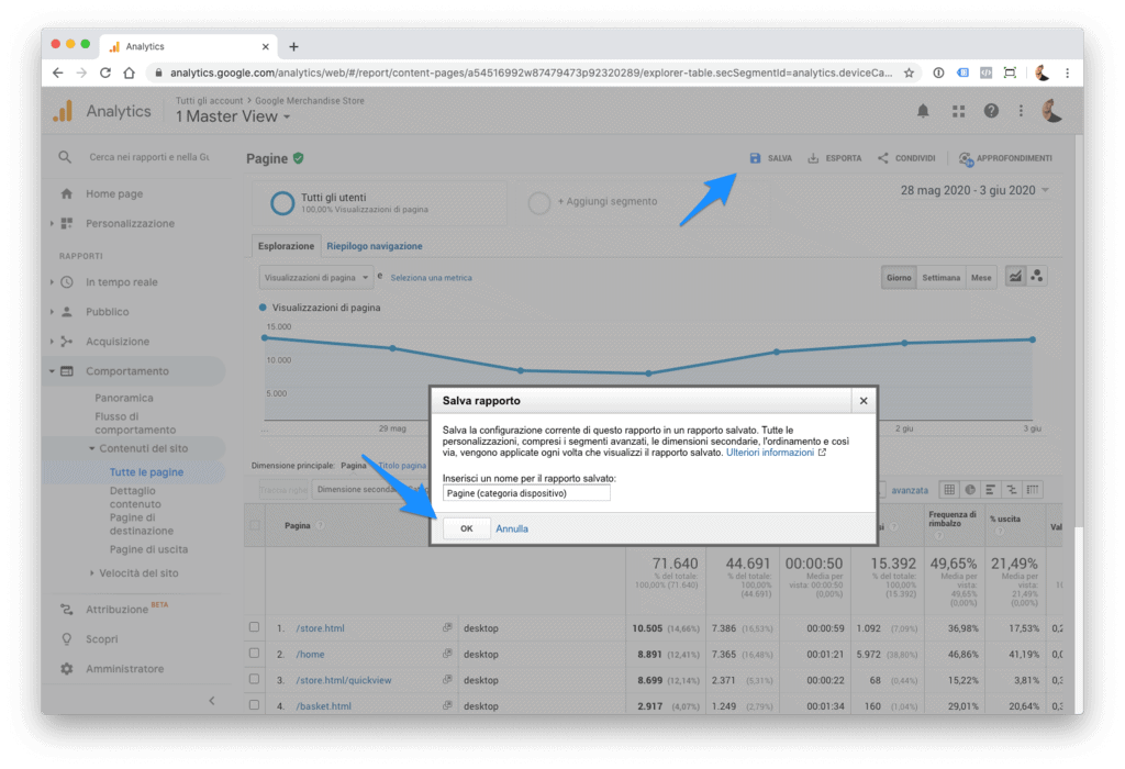 Salvare una scorciatoia a un rapporto in Google Analytics.