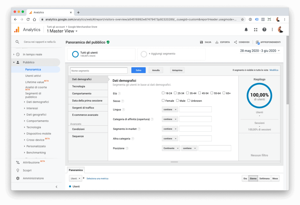 Creazione di un segmento personalizzato basato su metriche e dimensioni in Google Analytics.