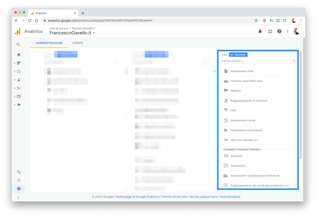 Gestione della vista in Google Analytics.