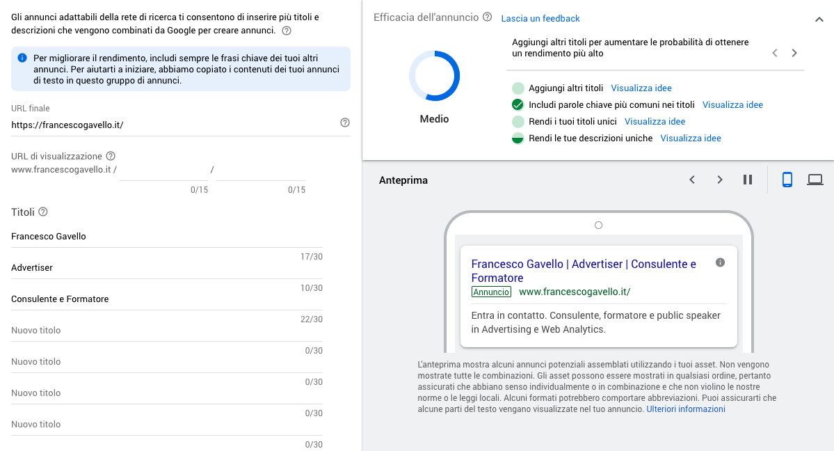 Scrivere un annuncio adattabile per una campagna ricerca in Google Ads