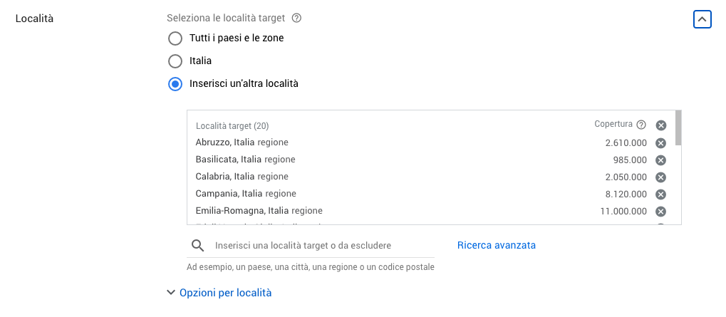 Gestire le località di una campagna in Google Ads