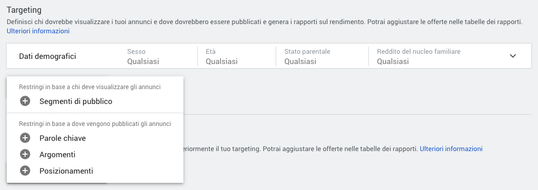 Opzioni di targeting per una campagna display in Google Ads