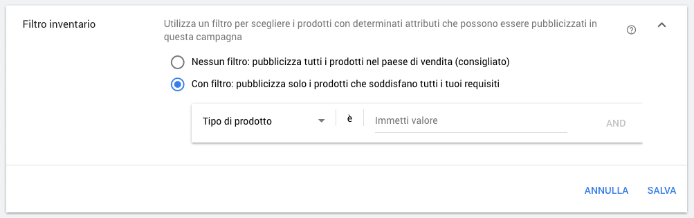 Configurazione del filtro inventario per una campagna Google Shopping
