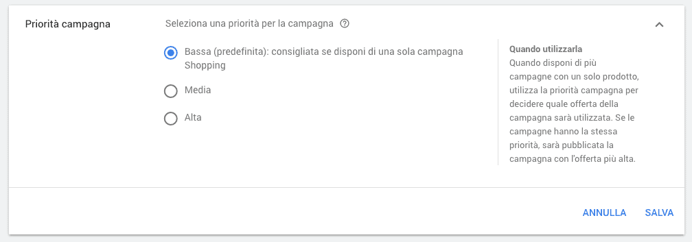 Scelta della priorità di una campagna Google Shopping