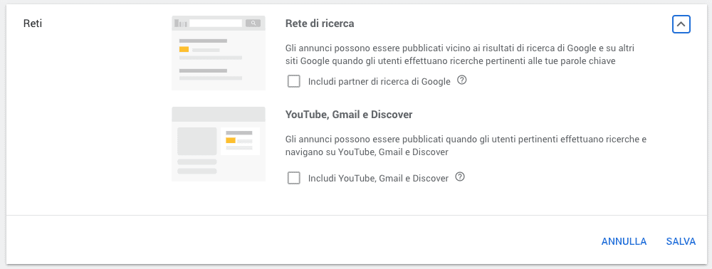 Scelta delle reti per una campagna Google Shopping