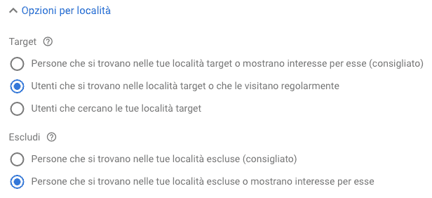 Opzioni per le località in Google Ads