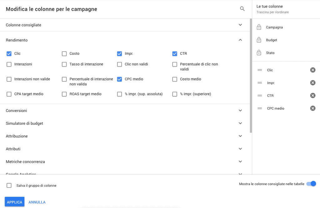 Modificare le colonne in Google Ads