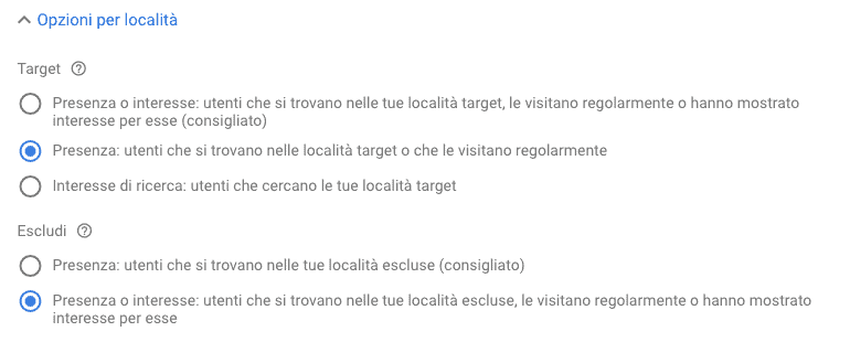 Opzioni per le località in Google Ads: presenza