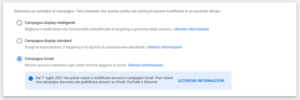 Campagne display, sottotipo Gmail