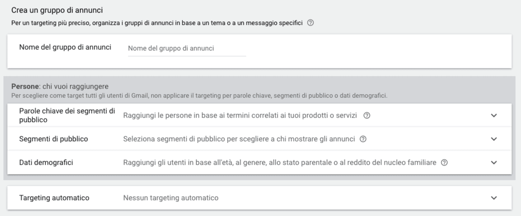 Opzioni di targeting per una campagna Gmail